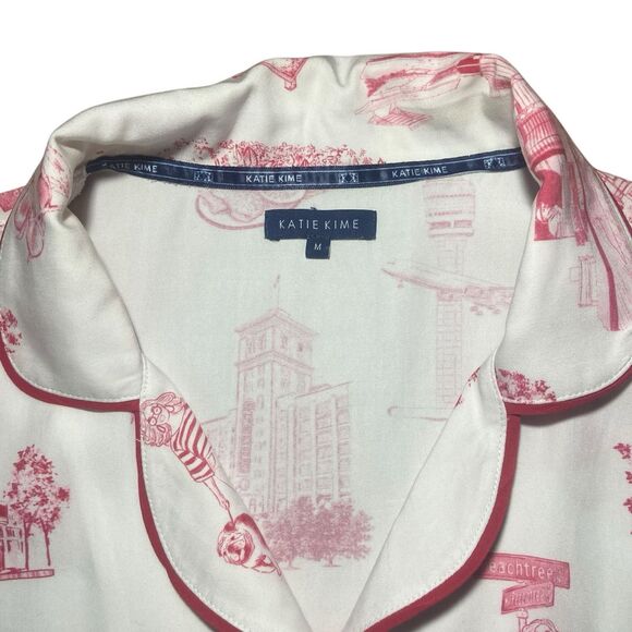 Katie Kime Atlanta Toile Pajama Pants Lounge Set Size M White Red Short Sleeve - Picture 5 of 13